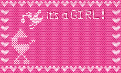 It s a girl shower card. Pink fabric knitted background with cute knitted baby stroller and stork carrying newborn baby framed with knit hearts. Invitation, greeting card, template with space for text