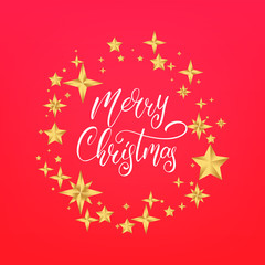 Merry Christmas text lettering design. Winter holiday card with Merry Christmas calligraphy and Christmas stars