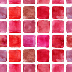Seamless watercolor geometric pattern. Various shades of red, rose and pink, colorful squares. Hand drawn watercolour gradient paint. Modern, tech, bright palette. Set, isolated, white background.