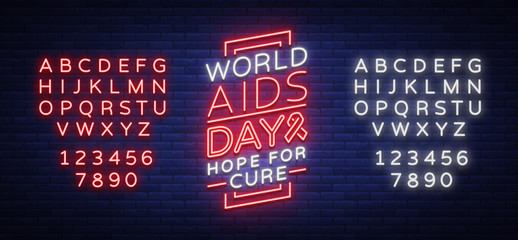 World AIDS Day, December 1, banner, neon-style poster. Vector Awareness Awareness Concept. Design with text, luminous banner. Editing text neon sign. Neon alphabet