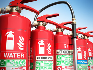 Fire extinguishers isolated on blue background Various types of extinguishers 3d illustration