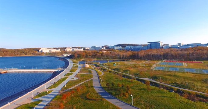 Far Eastern Federal University aerial view. Pier and sports ground. Vladivostok, Russia.