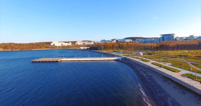 Campus of Far Eastern Federal University. Pier and park. Aerial view. Vladivostok, Russia.