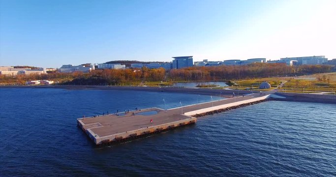 Far Eastern Federal University. Pier, park and students. Aerial view. Vladivostok, Russia.