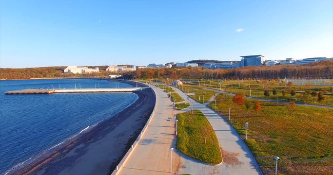Campus of Far Eastern Federal University. Embankment and pier. Aerial view. Vladivostok, Russia.
