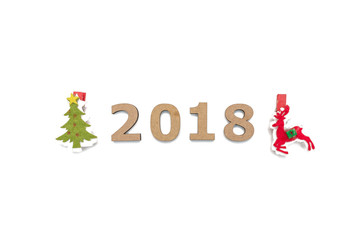 2018 wooden number with green christmas decorative fir and red deer isolated over white background