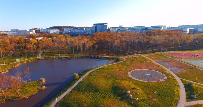 Campus of Far Eastern Federal University. Lake, park and sports ground. Aerial view. Vladivostok, Russia.
