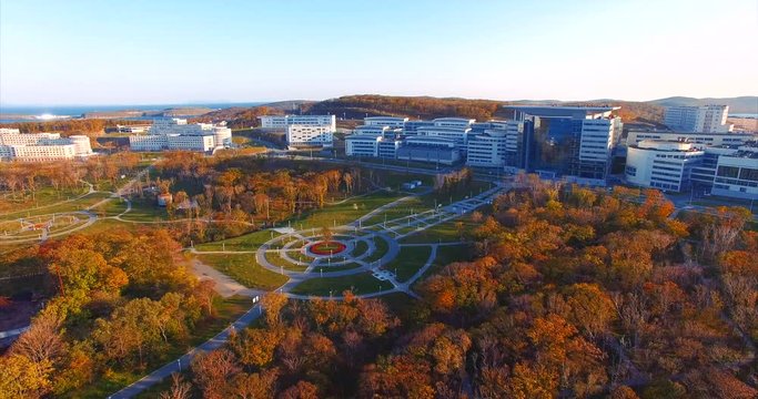 Far Eastern Federal University campus. Park and buildings of university. Aerial view. Vladivostok, Russia.