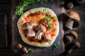 Homemade rustic pizza made of wild mushrooms and herbs