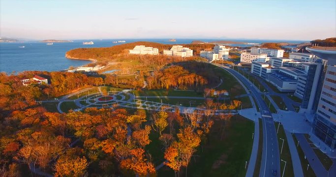 Campus of Far Eastern Federal University and park. Aerial view. Vladivostok, Russia.