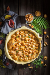 Homemade and rustic pie with noble mushrooms and thyme