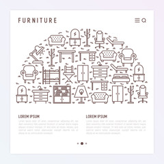 Furniture concept in half circle with thin line icons of coach, bookcase, bed,  dresser, chair, lamp, floor hanger. Modern vector illustration for banner, web page, print media.