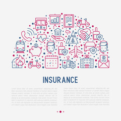 Insurance concept in half circle with thin line icons: health, life, car, house, savings. Modern vector illustration for banner, template of web page, print media.