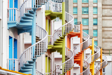 Fototapeta premium Colorful exterior spiral staircases, Singapore