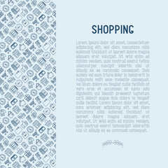 Shopping concept with thin line icons: cashbox, payment, pos terminal, piggy bank, sale, currency, credit card, trolley. Vector illustration for banner, print media.