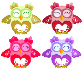 Nice pink smiling owl with a lilac flower on the ear and ornament on the heart and wings