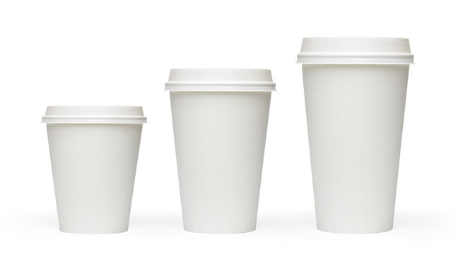 Blank white takeaway coffee cups mockup or mock up template isolated on white background