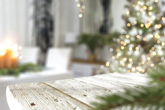 christmas wooden table and tree 