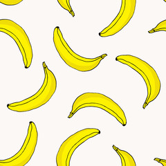 Vector seamless pattern with hand drawn bananas. Tropic style doodles for food design, vegan restaurant, cafe, wrapping paper, health care products, fruits market. Summer kids background illustration.