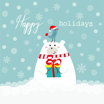 Hand drawn cute polar bear holding gift box kawaii bird in santa clause hat on his head happy holidays text lettering blue white snowy background. Greeting Card
