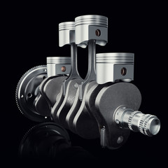 V4 engine pistons and cog on black background. Pistons and crankshaft. Four cylinder engine. V4 Car engine. Concept of modern car engine, 3D rendering