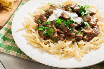 Homemade beef Stroganoff with mushrooms