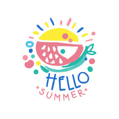 Hello summer logo, summer season label colorful hand drawn