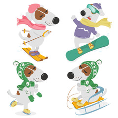 Fototapeta premium Cute cartoon dogs in clothing and winter sports on a white background. Vector illustration.