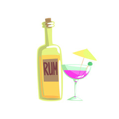 Rum bottle and cocktail glass with umbrella cartoon vector illustration