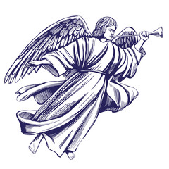 angel flies and plays the trumpet , religious symbol of Christianity hand drawn vector illustration sketch © vladischern