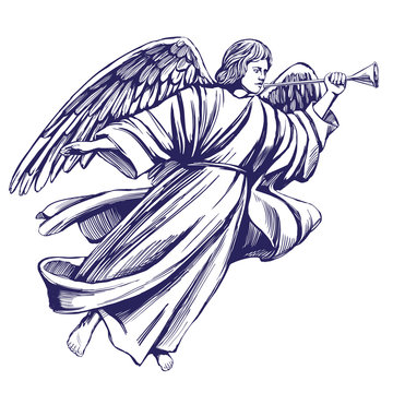 angel flies and plays the trumpet , religious symbol of Christianity hand drawn vector illustration sketch
