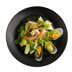 Thai spicy seafood salad with shrimp, New Zealand Mussel isolated on white back ground