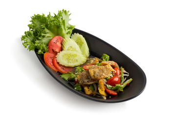 Thai cuisine spicy salad with Fried Trichogaster pectoralis slice fry for crispy, isolated on white background