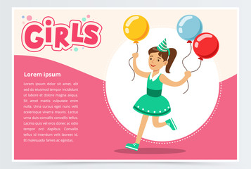 Happy girl running with clolrful balloons, cute kid celebrating her birthday, girls banner flat vector element for website or mobile app