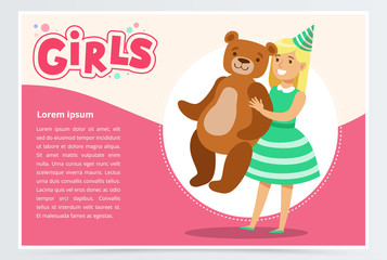 Happy girl holding big teddy bear, cute kid celebrating her birthday, girls banner flat vector element for website or mobile app