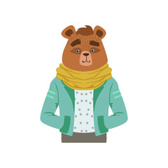 Cute fashion bear guy character, hipster animal flat vector illustration