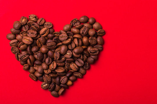 Coffee Beans, Heart Shape, Red Background. Color Surge. Valentine Day