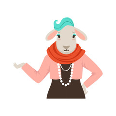 Cute fashion sheep girl character, hipster animal flat vector illustration