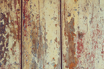Obraz premium Wooden beige background with many layers of old colored shabby paint