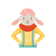 Cute fashion sheep guy character, hipster animal flat vector illustration