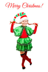 Girl in suit of Christmas elf over white