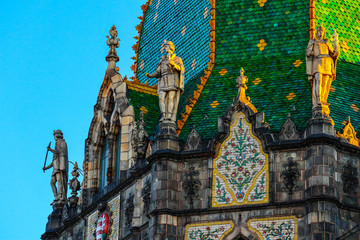 Hungary, Budapest, part of the decoration of Museum of Applied Arts. European old city exterior building ornaments, Secession style.