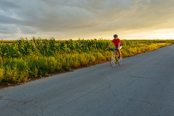 A cyclist rides on a road bicycle along field. In the background sunset sky.