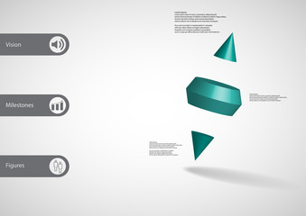 3D illustration infographic template with two spike cone divided to three parts askew arranged