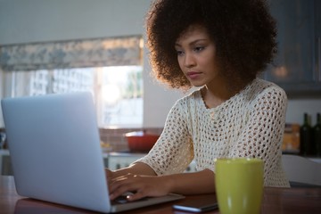 Fototapeta premium Beautiful woman using laptop at table