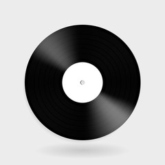 Vector vinyl record template on white background. Vintage acoustic medium for gramophones. Retro audio black plastic music disc with blank space for mock ups, stylish posters, banners, ads.