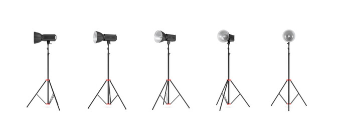 3d rendering of a studio photo flash with reflector stand in different angles.