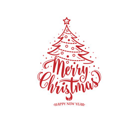 Fototapeta na wymiar Merry christmas and happy new year text. Xmas tree with decoration, type.