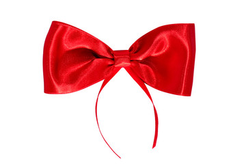 Red satin gift bow. Ribbon. Isolated on white.