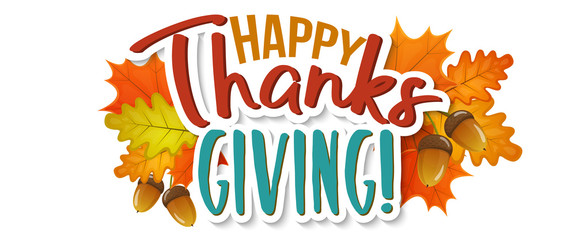 Thanksgiving day greetings and autumn leaves, cartoon illustration. Thanksgiving Day background for decoration. Vector
